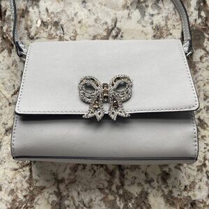 ALDO Formal Bag Gray Silver front flap embellished crystal-encrusted bow.
